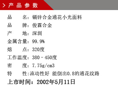 品 名:镉锌合金通花小光面料 品 牌:俊霖合金 产 地:深圳 金属含量:99.9% 熔 点:280度 密 度:7.23g/cm3特 性:能倒出0.8的通花纹路上市时间:2002年5月11日 品 名:镉锌合金通花小光面料 品 牌:俊霖合金 产 地:深圳 金属含量:99.9% 熔 点:280度 密 度:7.23g/cm3特 性:能倒出0.8的通花纹路上市时间:2002年5月11日