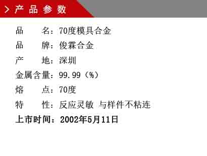 品 名：低温熔模铸造合金 品 牌：俊霖合金 产 地：深圳 金属含量：99%特 性：胀缩率小 不粘连 无毒性 熔 点：55℃ 成 分：铅、铋加之其他辅助金属 上市时间：2002年5月11日